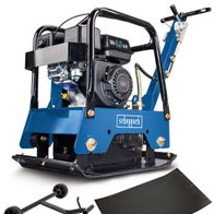 Rüttelplatte HP2500S von Scheppach mit Zubehör wie Gummimatte und Fahrvorrichtung. Die Maschine ist von der Seite zu sehen.