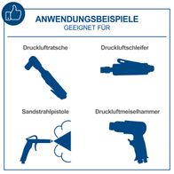 Das Bild zeigt Anwendungsbeispiele für den Kompressor HC53DC von Scheppach. Geeignet für Druckluftratsche, Druckluftschleifer, Sandstrahlpistole und Druckluftmeiselhammer.