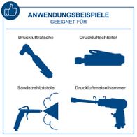 Illustration von Druckluftwerkzeugen: Drucklufttratsche, Druckluftschleifer, Sandstrahlpistole und Druckluftmeiselhammer für Scheppach-Kompressoren