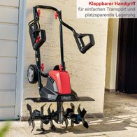 Motorhacke mit klappbarem Handgriff für einfachen Transport und platzsparende Lagerung.