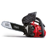 Scheppach-Kettensäge mit ProCut-System, Detailansicht mit Sicherheitsabdeckung und Griff