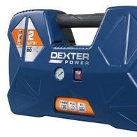 Kompressor AIRBOX Dexter - 230V 50Hz 1100W - 2L, blaues Gehäuse mit Griff und Anzeige, seitliche Ansicht.