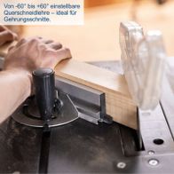 Die Querschneidlehre der Tischkreissäge HS210 von Scheppach ist von -60° bis +60° einstellbar und ideal für Gehrungsschnitte. Sie ermöglicht präzise Winkelanpassungen für verschiedene Schneidaufgaben.