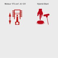 The lawnmower features a 173 cm³ engine with 4.1 HP and hybrid start function.