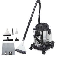 Sprüh- und Waschsauger Sprayvac20FB-BL von Scheppach, gezeigt von der Seite mit Zubehörteilen.