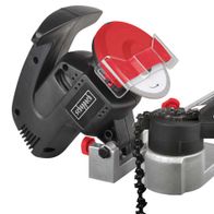 Scheppach Kettenschärfer KS1200, 200W Leistung, Schleifscheibe mit 100mm Durchmesser, Bohrung mit 10mm Durchmesser, großer Funkschutz, kompakte Bauweise, robustes Gehäuse.