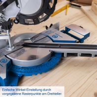 Die Kappzugsäge HM216 von Scheppach ermöglicht eine einfache Winkeleinstellung durch vorgegebene Rasterpunkte am Drehteller.