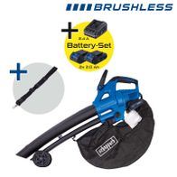 Brushless-Akku-Laubsauger mit 2 Akkus (je 2 Ah) und Ladegerät, inkl. langem Schlauch und Transportbeutel