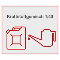 Kraftstoffgemisch 1:40. Ein Kanister und ein Motor mit Kraftstoffzufuhr sind abgebildet.