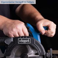 Die Akku-Handkreissäge BC-HCS165-X von Scheppach verfügt über einen ergonomischen Handgriff mit Softgrip für komfortables Arbeiten.