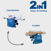 The Scheppach Planer Thicknesser HMS1070 features easy re-tooling between planing and thicknessing. The machine is versatile and allows for precise work.
