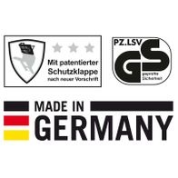 Scheppach-Wippsäge mit Sicherheitsmerkmalen wie patentierter Schutzklappe und Prüfzeichen für hohe Sicherheit nach neuen Vorschriften