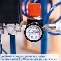 Die Schnellkupplung ermöglicht einen schnellen Werkzeugwechsel. Das Manometer zeigt den Kesseldruck an.