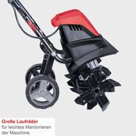 Motorhacke MTE460 von Scheppach mit großen Laufrädern für einfaches Manövrieren der Maschine.