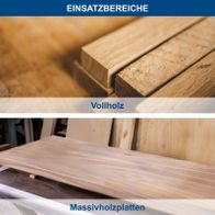 Holzwerkzeuge mit Vollholz- und Massivholzplatten für präzise Bearbeitung, inkl. Beschriftungen 'Einsatzbereiche' und 'Vollholz'