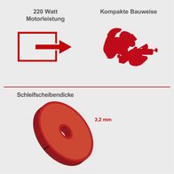 Der Scheppach Kettenschärfer KS1200 hat eine Motorleistung von 220 Watt, eine kompakte Bauweise und eine Schleifscheibe mit einer Dicke von 3,2 mm.