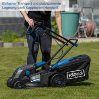 Der Akku-Rasenmäher BC-MP380-X von Scheppach bietet einfachen Transport und platzsparende Lagerung dank klappbarem Handgriff.