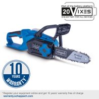 The cordless chainsaw C-CS254-X by Scheppach has a cutting length of 20 cm, a blade of 25,4 cm and a cutting speed of 6 m/s. It is part of the 20V IXES battery system and offers a 10-year warranty with online registration.