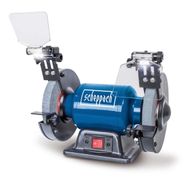 Der Scheppach Doppelschleifer SM150L mit zwei Schleifscheiben, beleuchteten Arbeitsbereichen und einem Ein-/Ausschalter. Gezeigt von vorne.