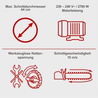 Elektro Kettensäge CSE2700 Scheppach mit werkzeugloser Kettenspannung, 44 cm maximaler Schnittdurchmesser, 230-240 V / 2700 W Motorleistung, Schnittgeschwindigkeit 15 m/s.