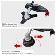 Der Freischneider BCH5200PB von Scheppach verfügt über ein 3-Zahn-Messerblatt mit 255 mm Schnittbreite und eine Spule mit Doppelfaden sowie 430 mm Schnittbreite und Tap’n’Go-Funktion.