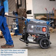 Der Benzin Stromgenerator SG7100x von Scheppach lässt sich dank der Fahrvorrichtung einfach transportieren. Er verfügt über eine Leistung von 5400W, 12PS, E-Start, 2x230V, 1x400V und 1x12V DC.