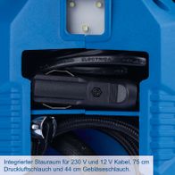 Integrierter Stauraum für Kabel (230 V und 12 V) sowie Druckluft- und Gebläseschlauch (75 cm bzw. 44 cm)