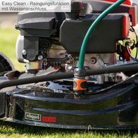 Wasseranschluss für Reinigungsfunktion an Scheppach-Rasenmäher (51 cm Deckbreite) mit flexibler Schlauchverbindung und Sprühdüse