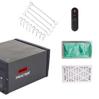 Luftreiniger PX-LR-400 Practixx von Scheppach. Gezeigt von der Frontseite. Dazu gehören ein Fernbedienung, ein Filter, ein Filterrahmen und Aufhänger.