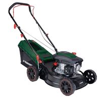 Benzin-Rasenmäher PBRM 41 B2 Parkside, seitliche Ansicht, mit grünem Auffangbehälter und schwarzem Gehäuse.