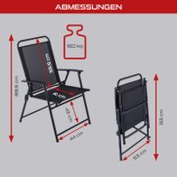 Klappstuhl mit Abmessungen und Traglastangabe für Balkon- oder Gartenmöbel