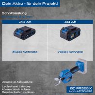 Scheppach Akku-Astschere BC-PRS28-X mit Akkulaufzeitangaben (2,0 Ah vs. 4,0 Ah), Schnittkapazität und variabler Leistung durch äußere Bedingungen