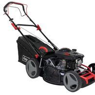 Benzin Rasenmäher LM173-51S Scheppach, 51 cm Schnittbreite, 4,1 PS, 65L Fangkorb, Radantrieb. Gezeigt von der Seite.