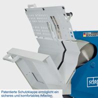 Patentierte Schutzklappe ermöglicht sicheres und komfortables Arbeiten. Wox d700sl Wippkreissäge von Scheppach mit 700 mm Schneidebreite und 7500 W Motorleistung bei 400 V.