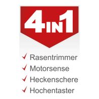 Das Benzin-Multifunktionsgerät PMT520 von Scheppach bietet vier Funktionen: Rasentrimmer, Motorsense, Heckenschere und Hochentaster. Es verfügt über einen 1,4 kW (1,9 PS) 2-Takt-Benzinmotor mit Seilzugstarter.