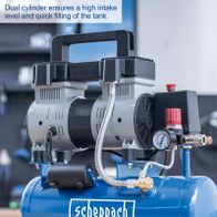 The Scheppach HC08Si compressor features a dual cylinder for high intake level and quick tank filling. With 1.5 HP, 162 L/min intake capacity, 6L tank, and 8 Bar pressure, oil-free.