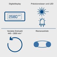 Wichtige Merkmale einer Tischbohrmaschine: Digitaler Drehzahlanzeiger (2580 U/min), Präzisionslaser und LED, variable Drehzahl (440–2850 min⁻¹), Riemenantrieb