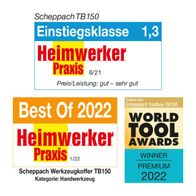 Der Scheppach Werkzeugkoffer TB150 wurde von Heimwerker Praxis mit 'Einstiegsklasse 1,3' bewertet und erhielt den 'Best Of 2022' und 'World Tool Awards Winner Premium 2022'.