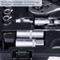 Die Zündkerzeneinsätze mit Gummieinlage ermöglichen eine sichere Demontage. Der Werkzeugkoffer TB100 von Scheppach enthält 94 Teile in einem stabilen Kunststoffkoffer.