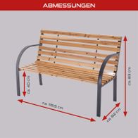 Holzbank mit Anthrazit-Metallrahmen und Abmessungen: 119,5 cm Länge, 62 cm Breite, 83 cm Höhe, 40 cm Stützhöhe