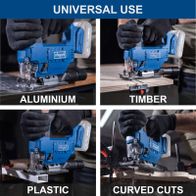 Scheppach cordless jigsaw showcasing versatile cutting capabilities on aluminum, wood, plastic, and curved cuts