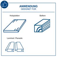 Illustration zur Anwendung von Scheppach-Werkzeugen für Holzplatten, Balken und Laminat/Paneele mit typischen Schnittprofilen