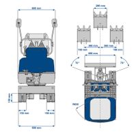 Technische Zeichnung der Abmessungen und Winkel des Mini-Bagger-Modells EXC815 mit Fokus auf Spurbreite und Auslegungsarm