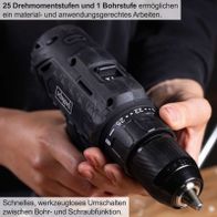 Akku-Bohrschrauber mit 25 Drehmomentstufen und 1 Bohrstufe für präzises Material- und Anwendungsarbeiten