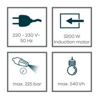 Das Scheppach Werkzeug hat folgende Eigenschaften: 220-230 V, 50 Hz, 3200 W, Induktionsmotor, max. 225 bar, max. 540 l/h.