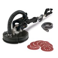 Der Scheppach Wand- und Deckenschleifer DWS9 Woodster black verfügt über einen flexiblen Schlauch für effektive Staubabsaugung und eine integrierte LED-Beleuchtung für präzises Arbeiten. Er wird mit Schleifscheiben geliefert.