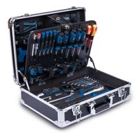 Der Werkzeugkoffer TB200 von Scheppach enthält 141 Teile, darunter Schraubenschlüssel, Zangen, Schraubendreher und mehr. Die Aluminiumkiste bietet robusten Schutz und einfache Organisation aller Werkzeuge.