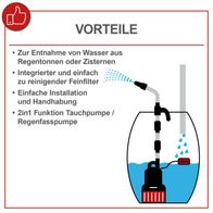 Wasserentnahme aus Regenfass oder Zisternen mit integriertem Feinfilter, einfache Reinigung, einfache Installation und Handhabung, kombinierte Funktion als Taucher- und Regenfasspumpe