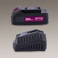 Gomag Akku Starterkit 20V GO-SK2.0. Enthält Ersatzakku mit 2Ah Kapazität und Ladegerät mit 2,4A Ladestrom. Ideal für den mobilen Einsatz.