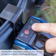 Timerfunktion für Dauerlauf, 5, 10 und 15 Minuten für einfache Steuerung der Pumpe
